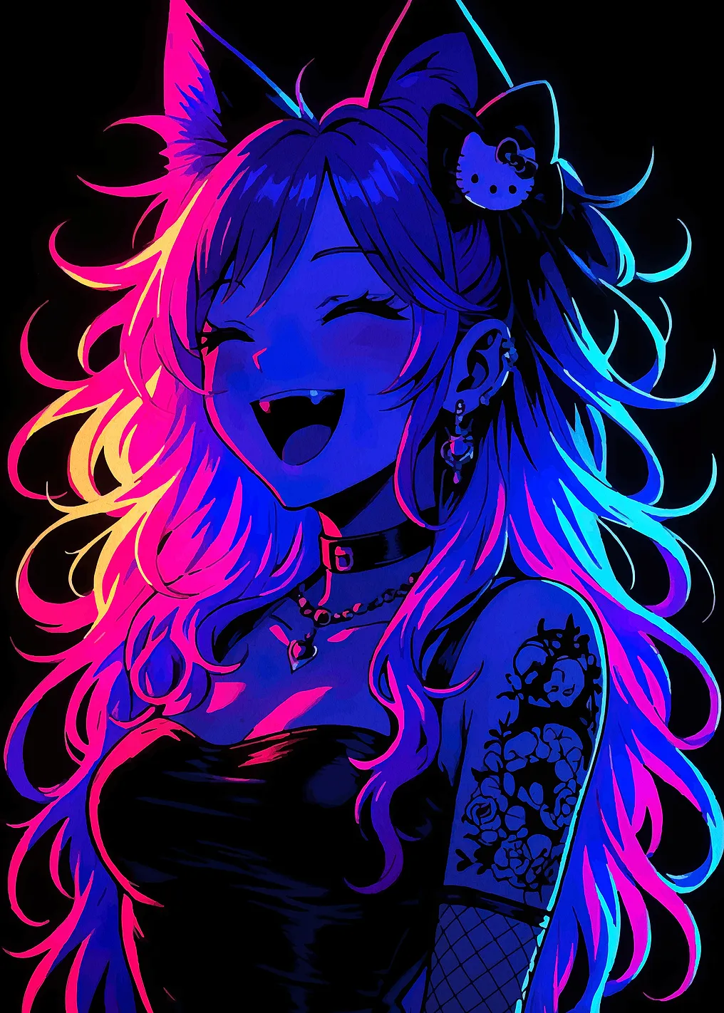 Neon Catgirl with Hello Kitty Bow