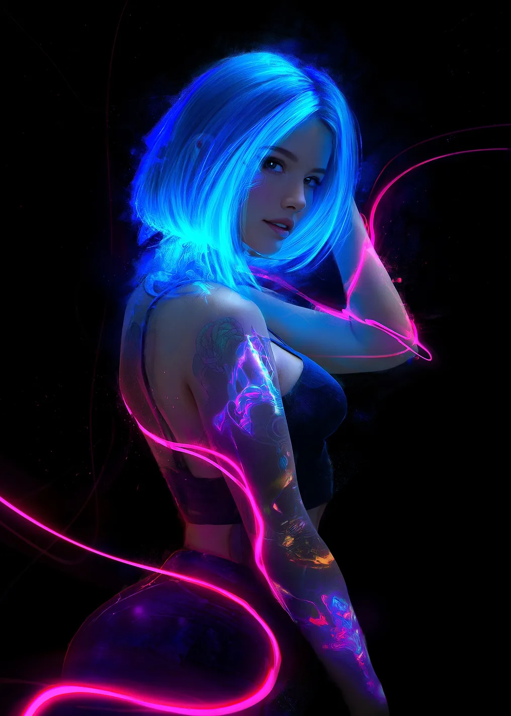 Neon Cyberpunk Woman with Blue Hair