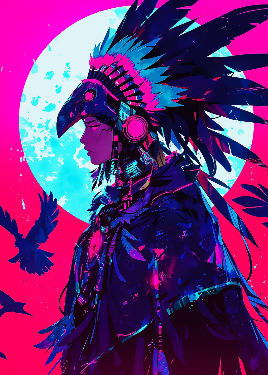 Neon Cyberpunk Tribal Warrior Illustration