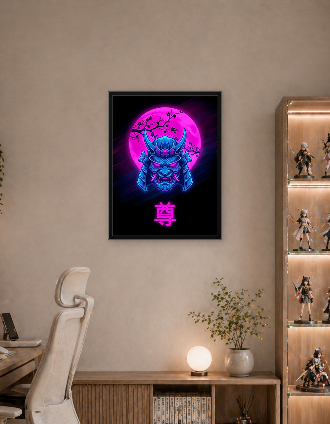 Neon Samurai Mask with Cherry Blossom Moon