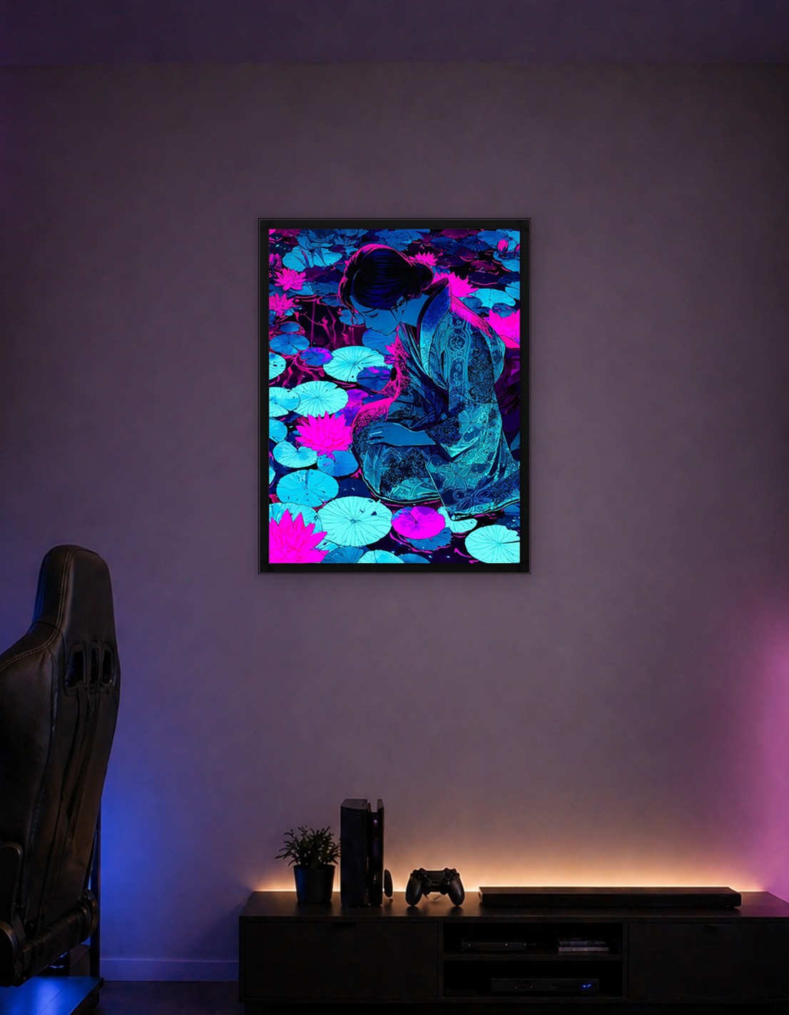 Neon Kimono Woman Lotus Pond