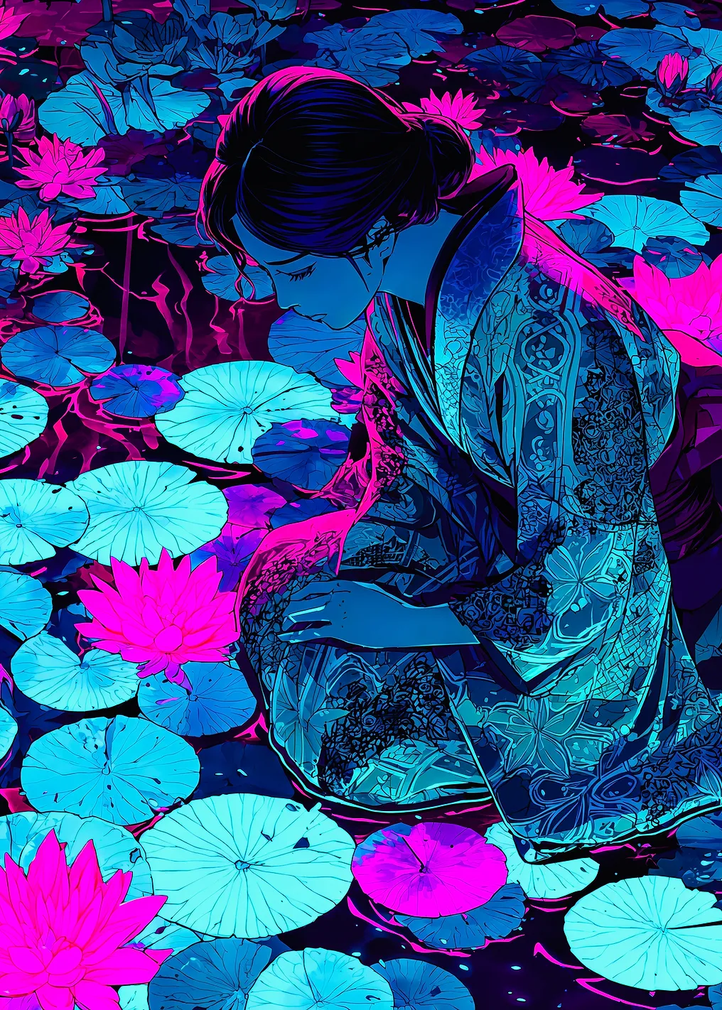 Neon Kimono Woman Lotus Pond