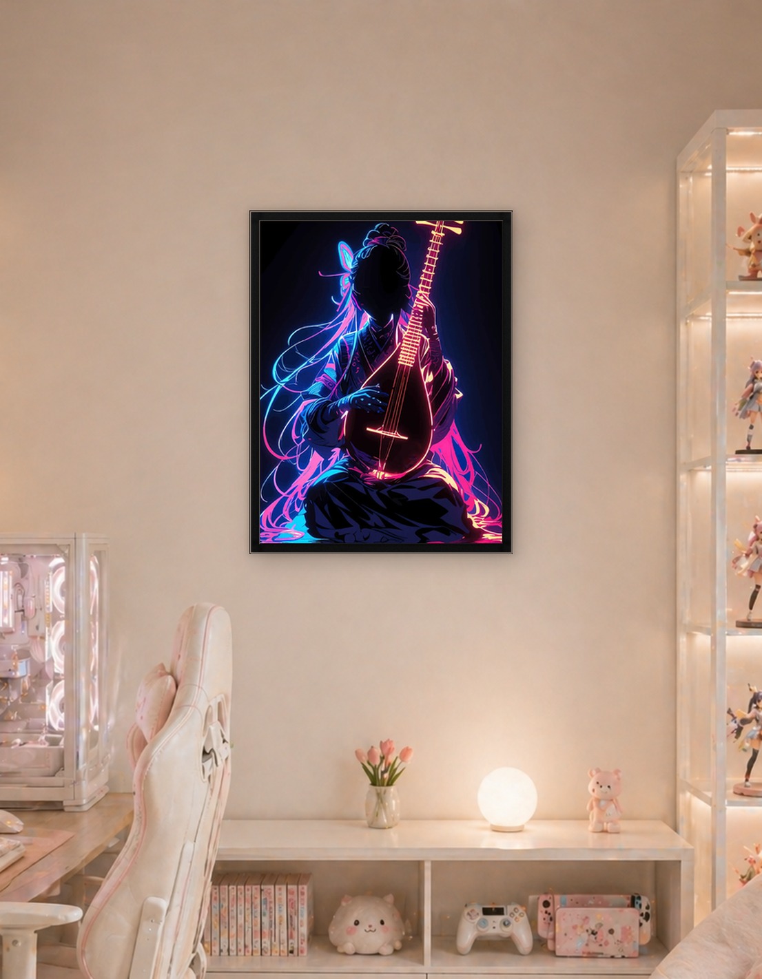 Neon Asian Musician with Stringed Instrument