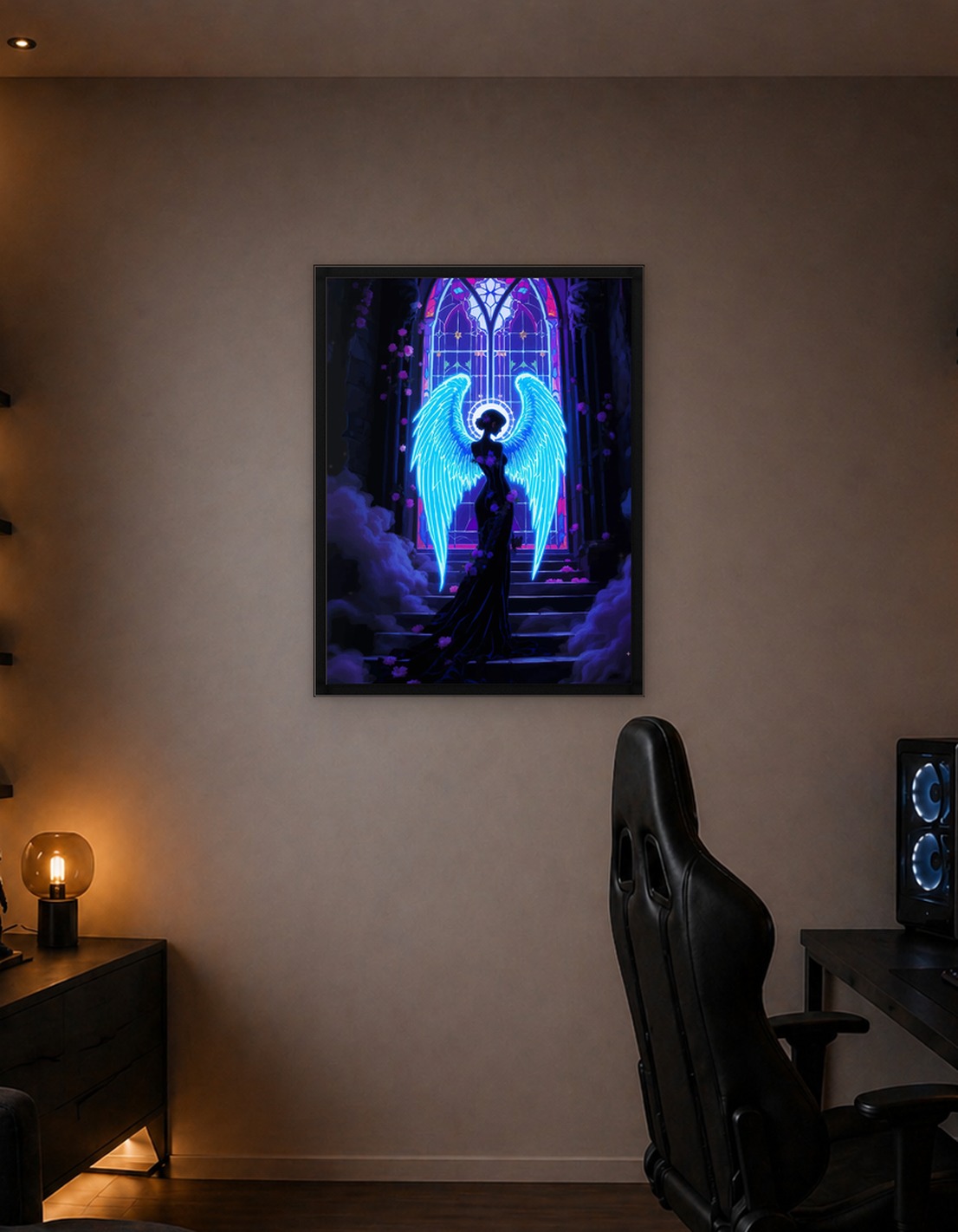 Neon Angel in Gothic Setting