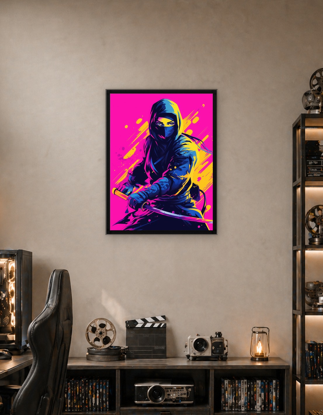 Neon Ninja Warrior with Katana Street Art