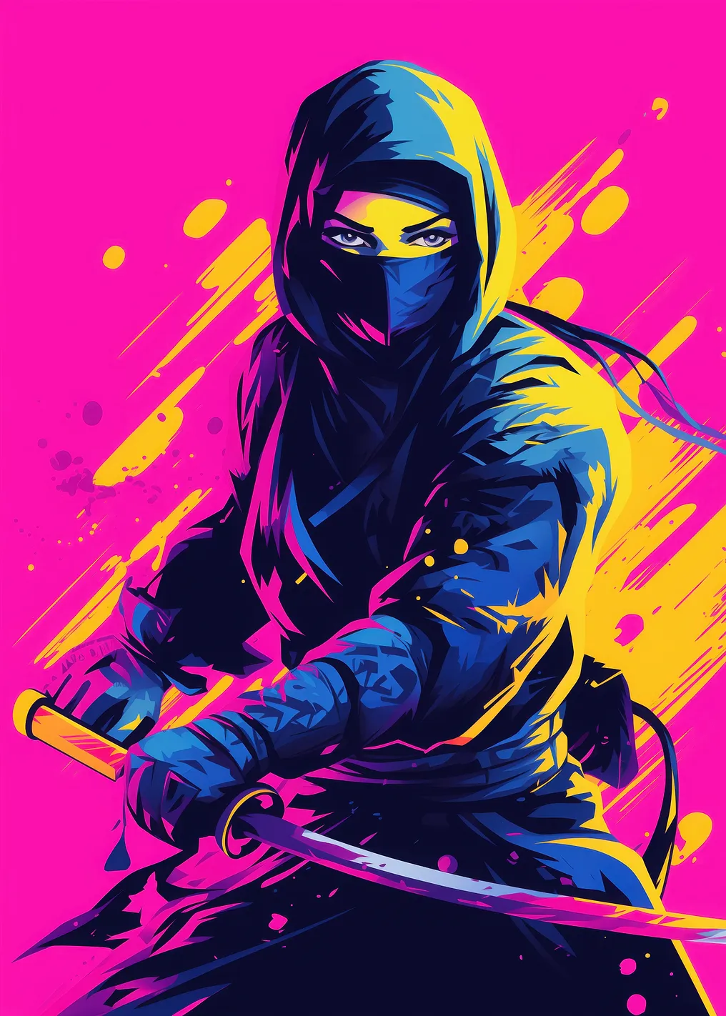 Neon Ninja Warrior with Katana Street Art