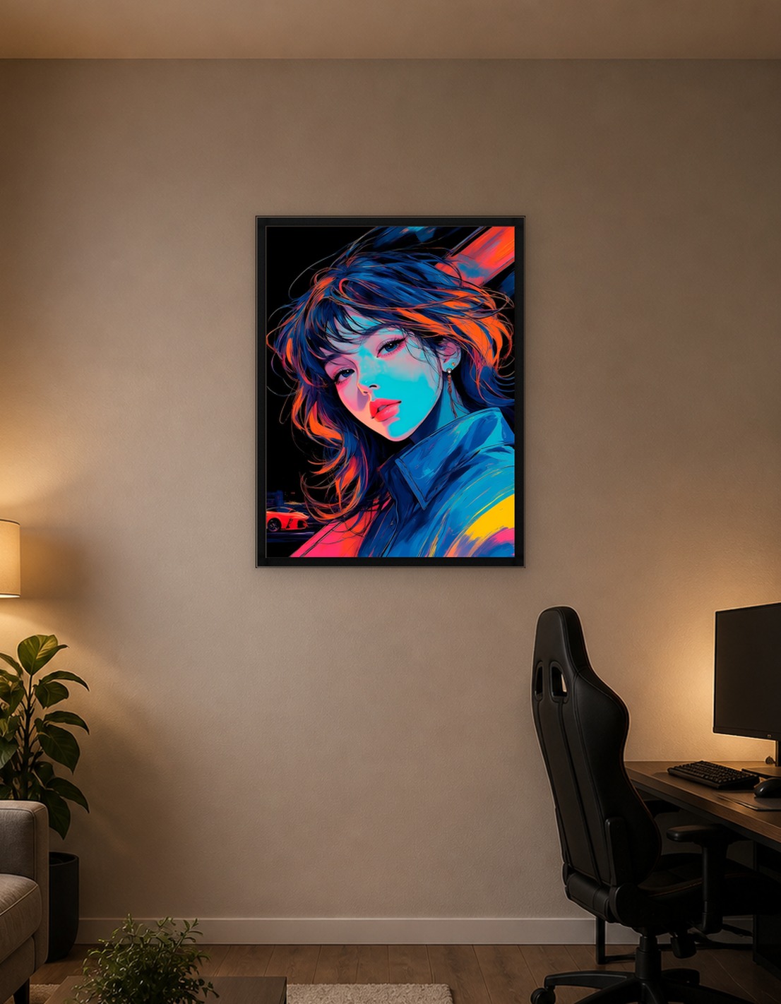 Neon Portrait of a Woman with Car