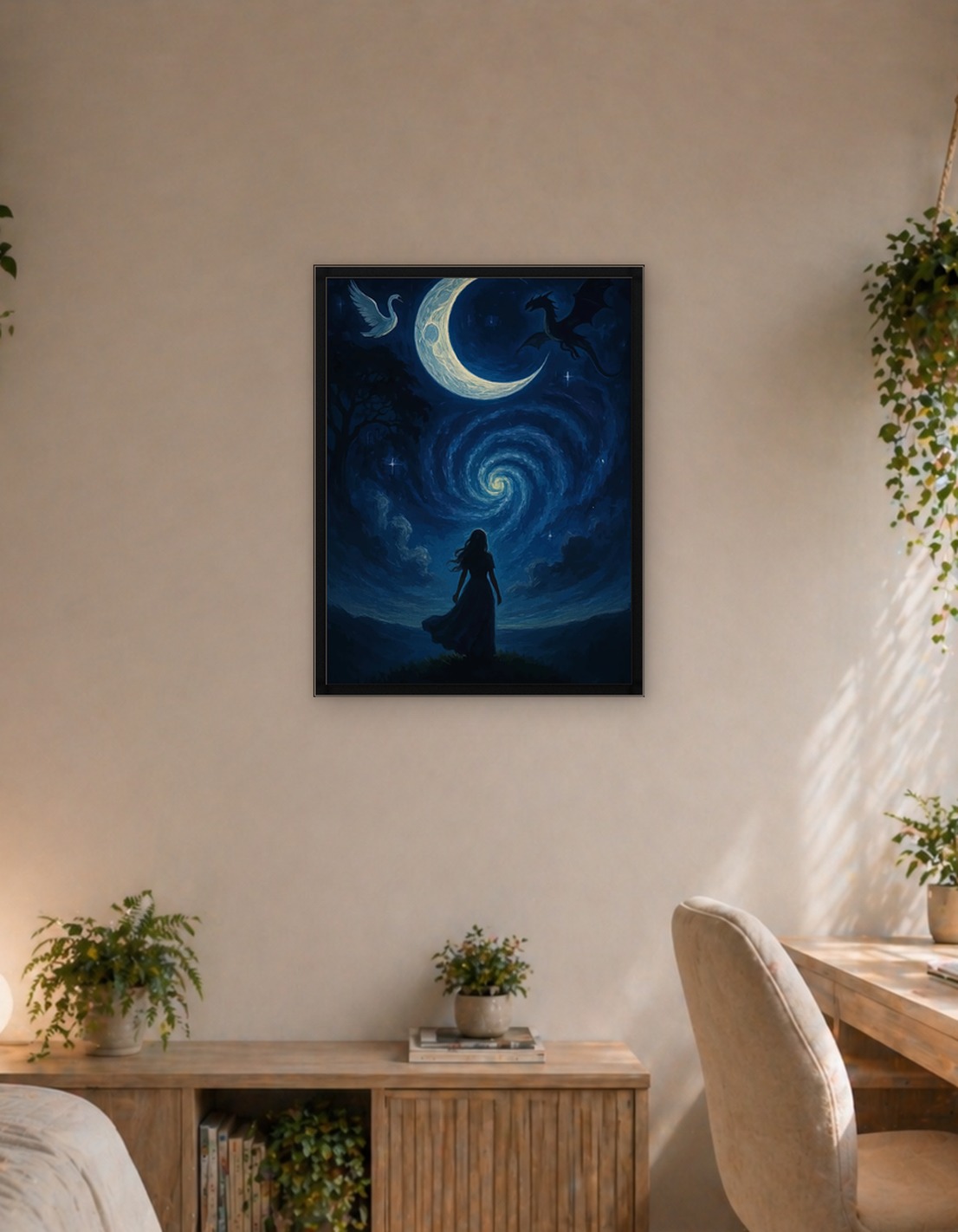 Night Sky Dreamscape with Dragon and Swan