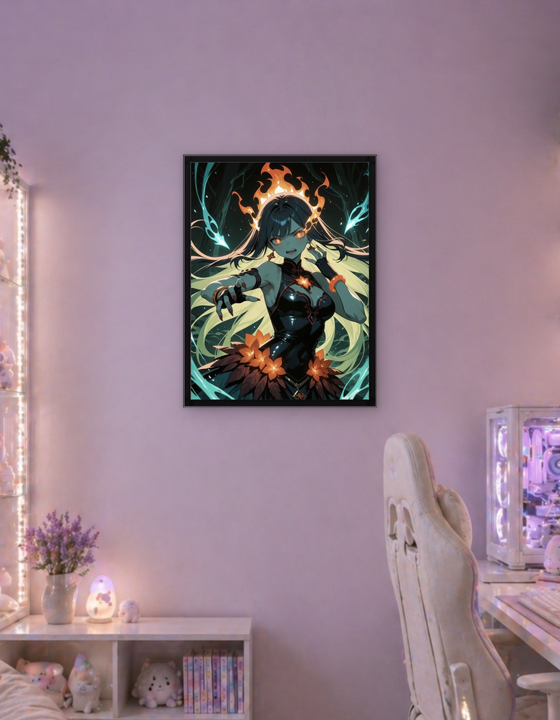 Fiery Anime Sorceress in Dark Forest