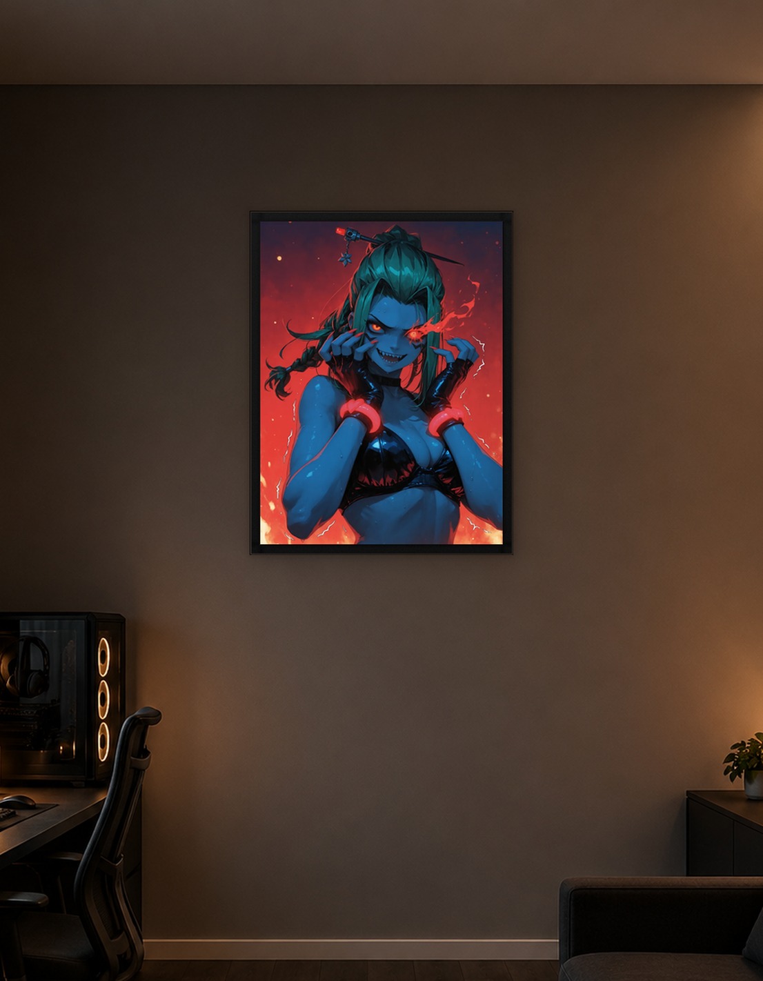 Fiery Anime Woman with Glowing Eyes
