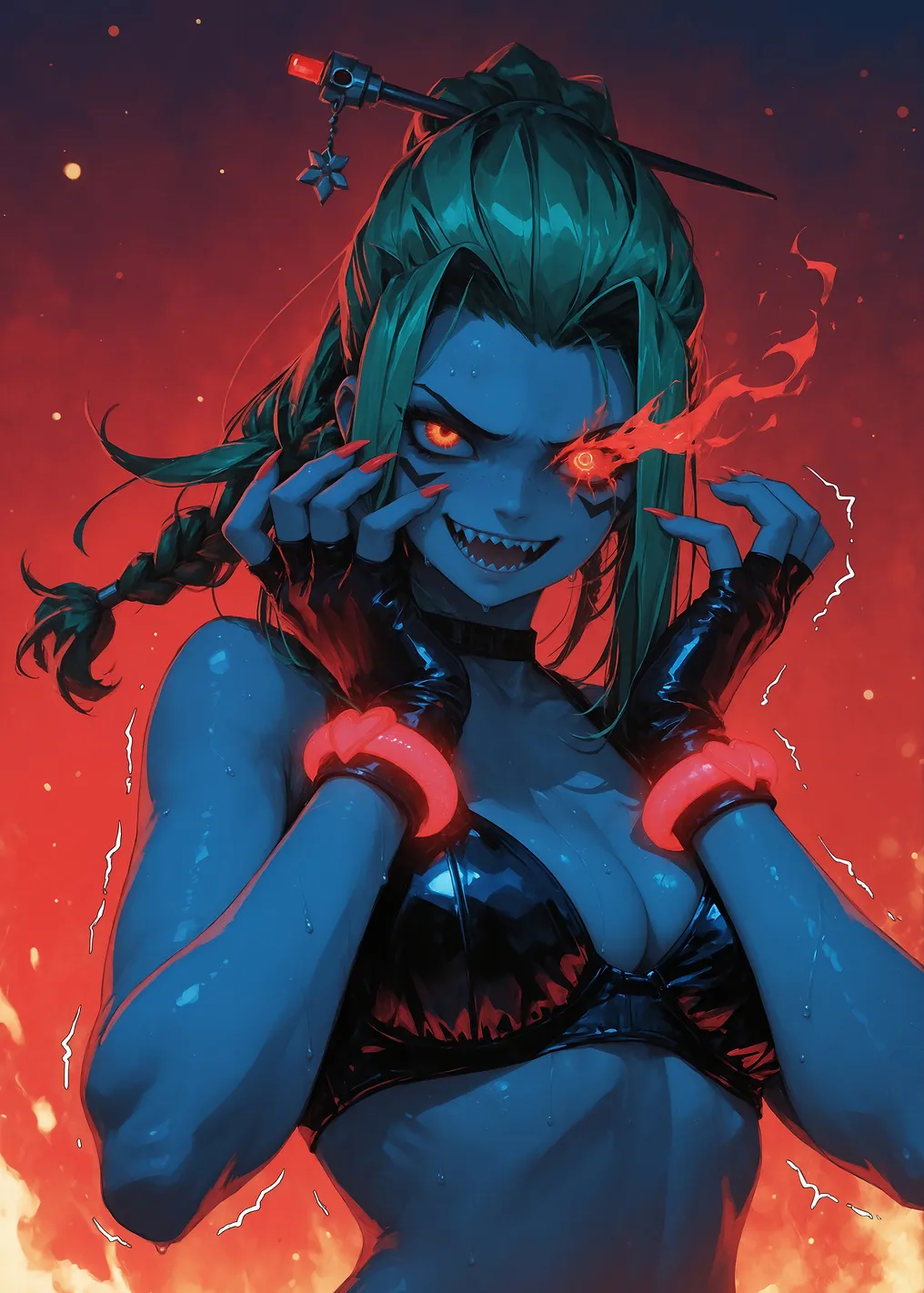 Fiery Anime Woman with Glowing Eyes