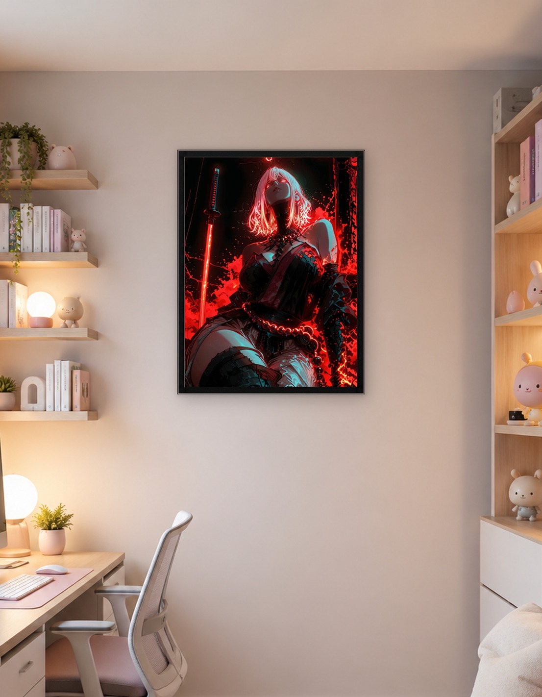 Fiery Samurai Woman with Glowing Sword