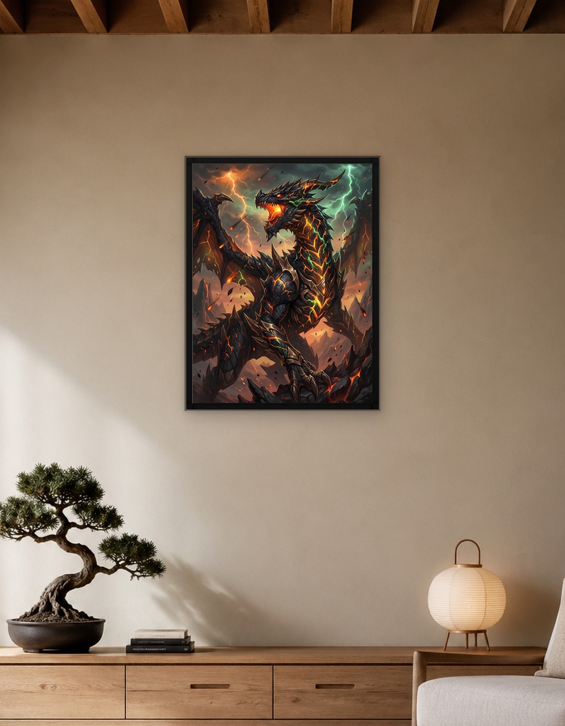 Fiery Dragon in Stormy Landscape