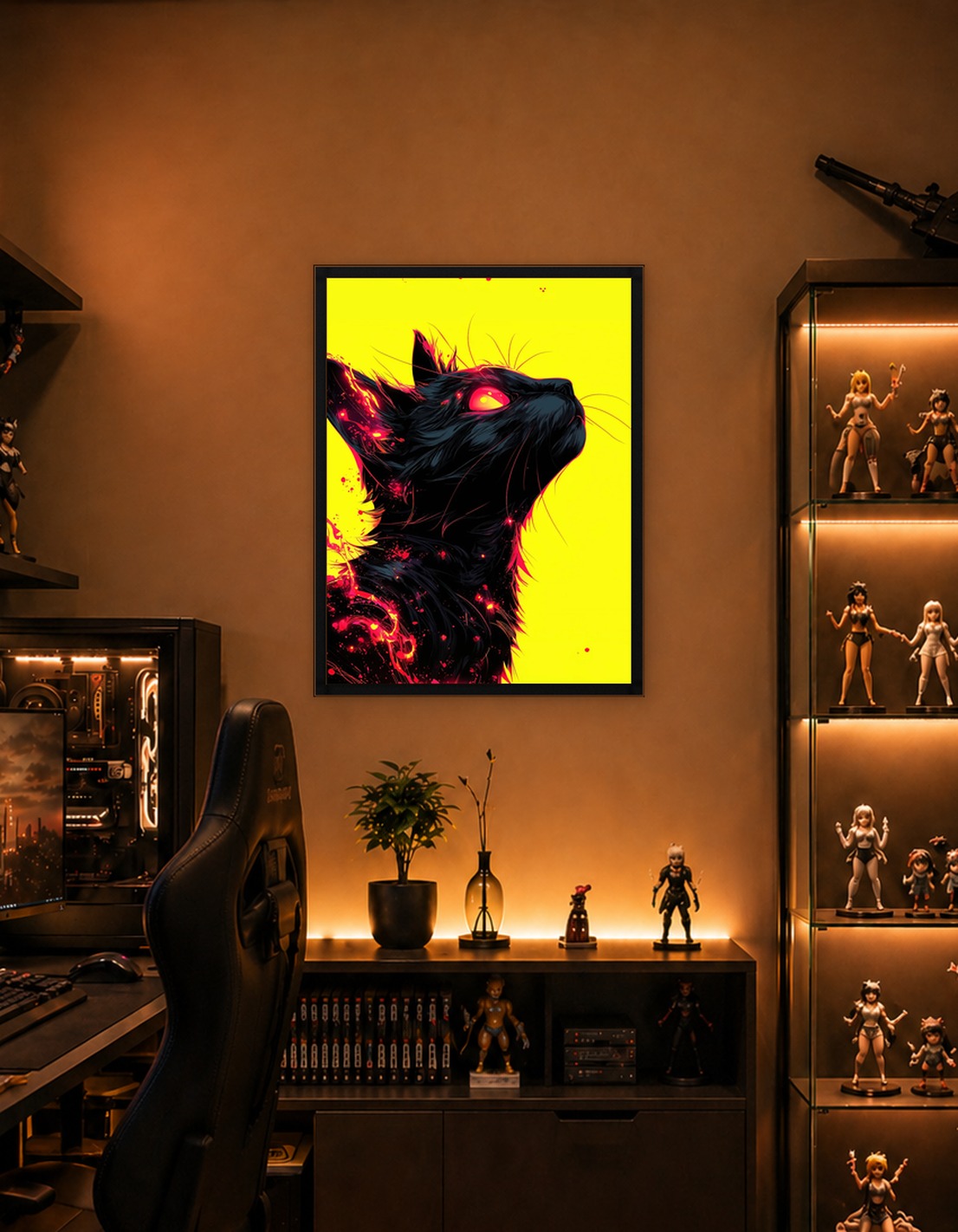 Fiery Black Cat on Yellow Background