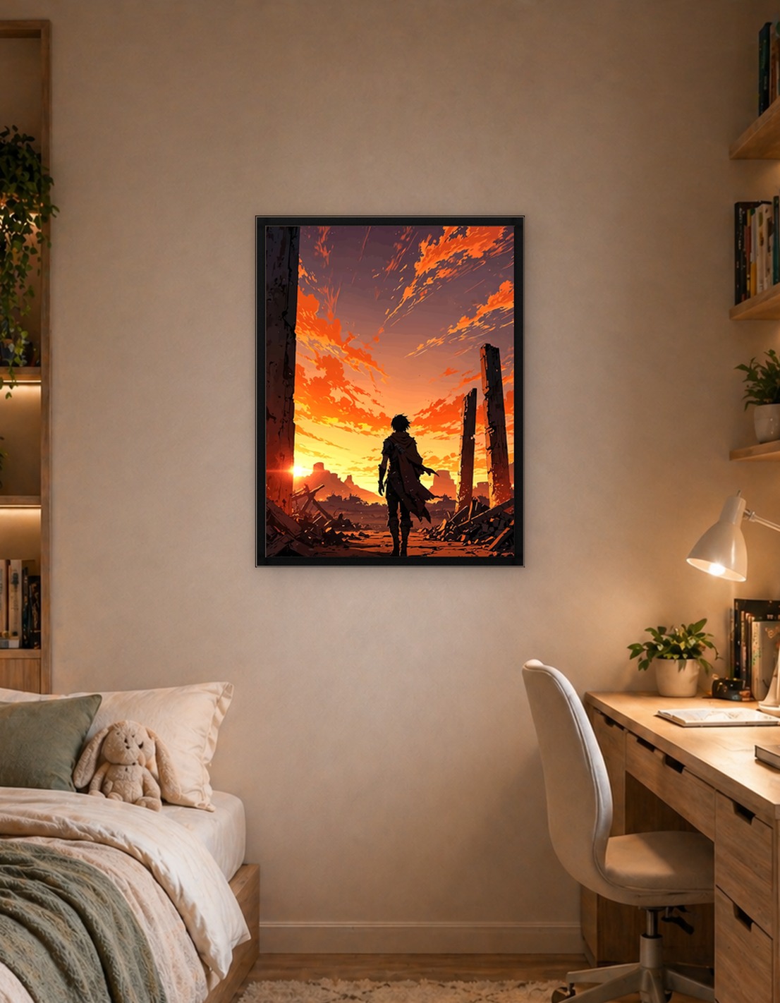 Lone figure in a ruined landscape at sunset