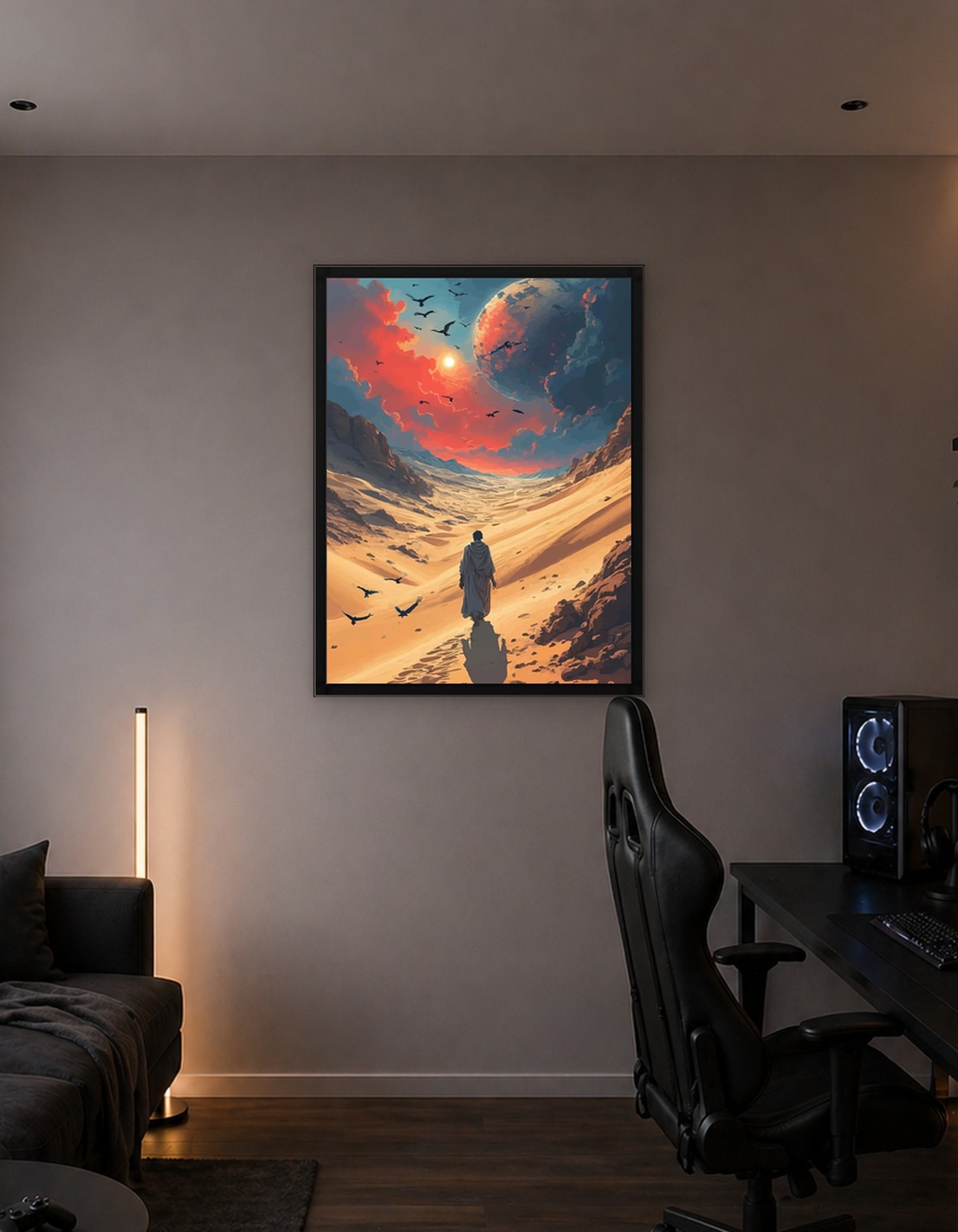 Lone traveler in a desert landscape