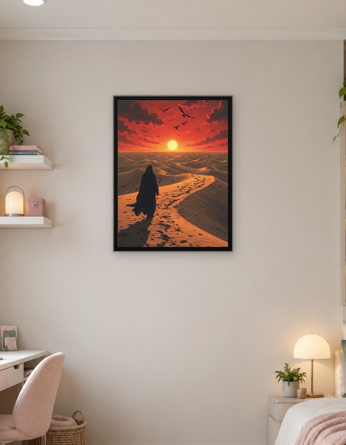 Lone traveler in a desert sunset