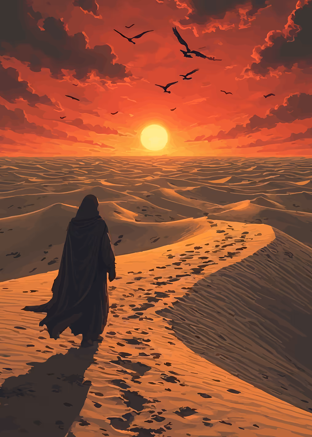 Lone traveler in a desert sunset