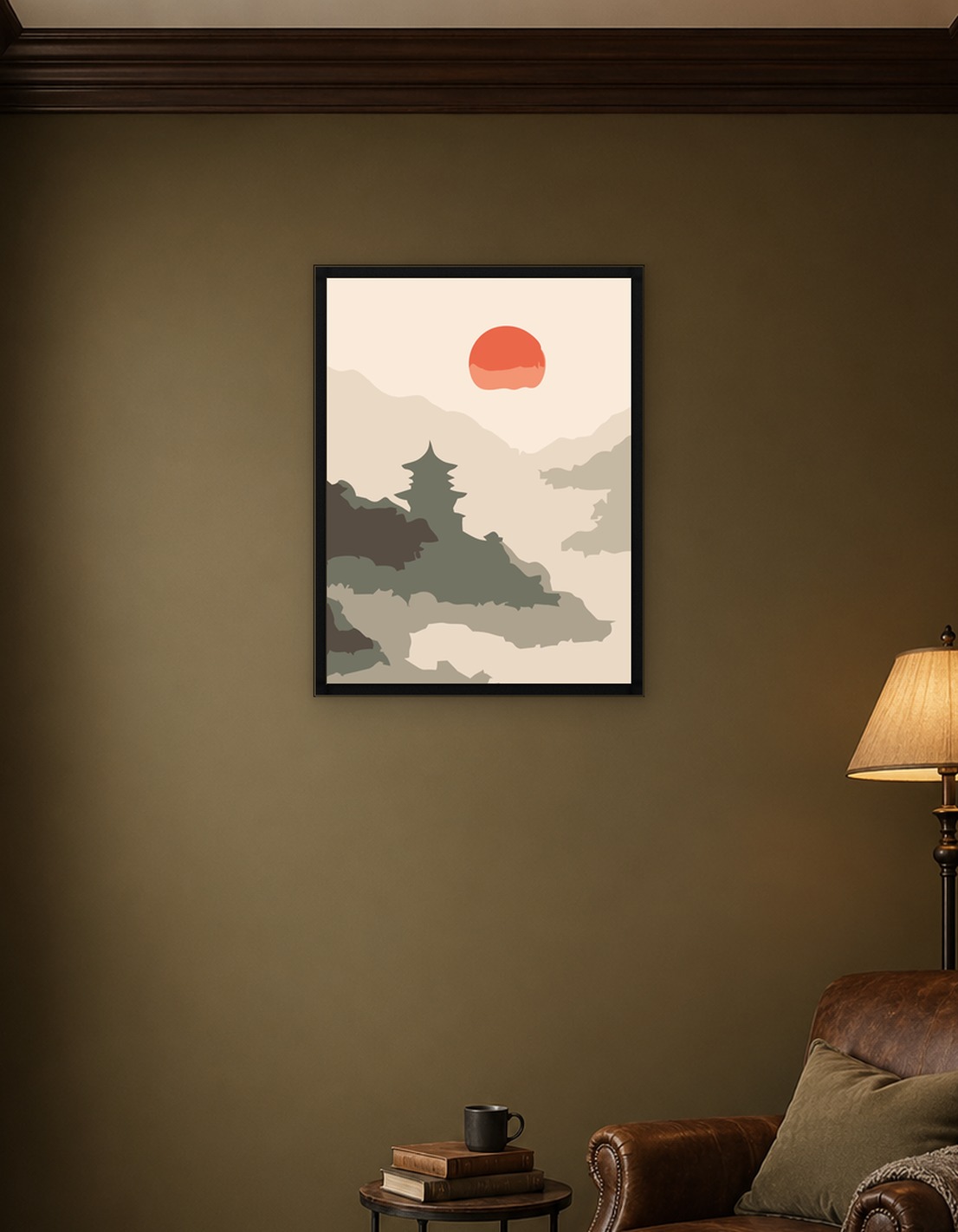 Pagoda in Misty Mountains at Sunset