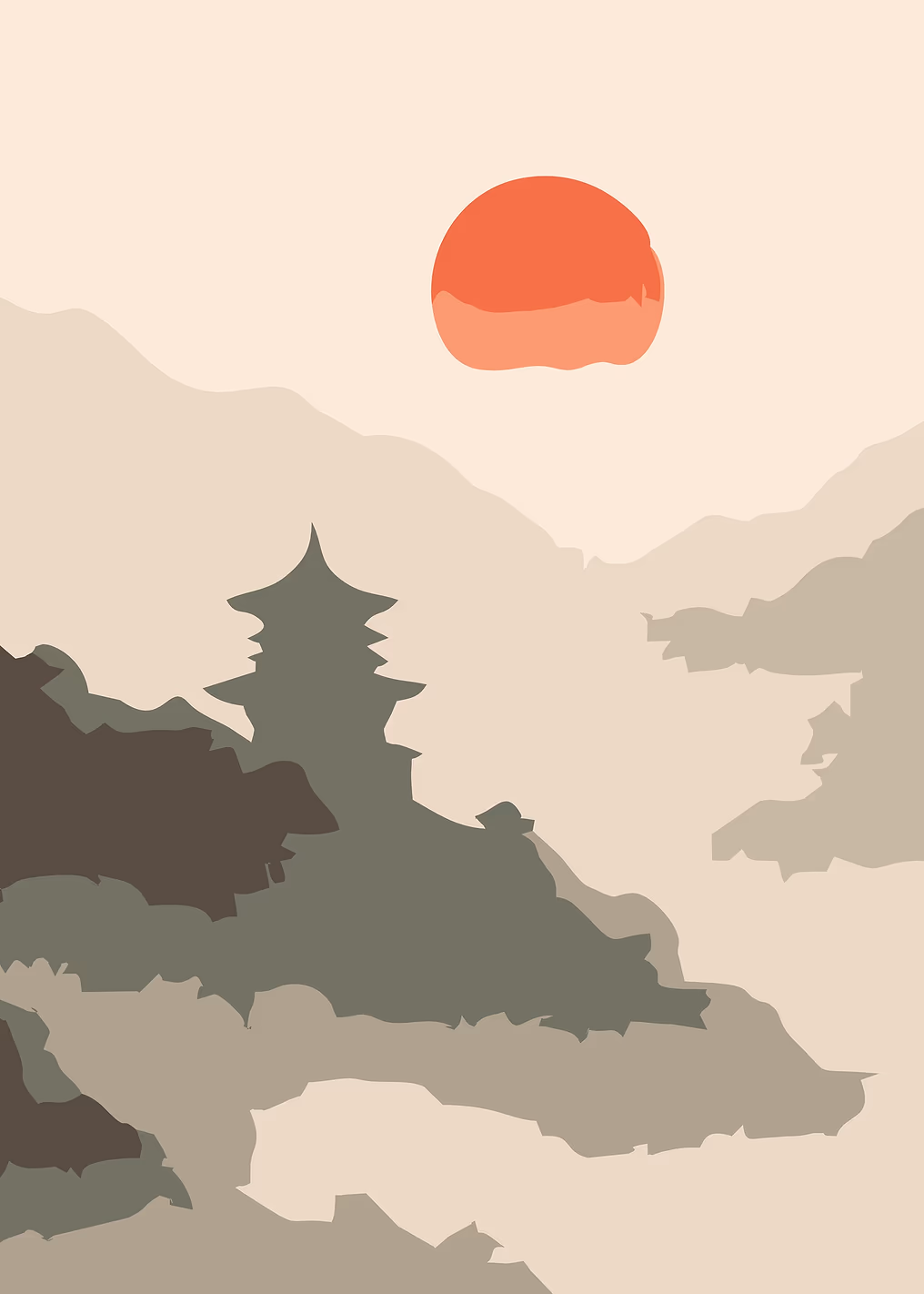 Pagoda in Misty Mountains at Sunset