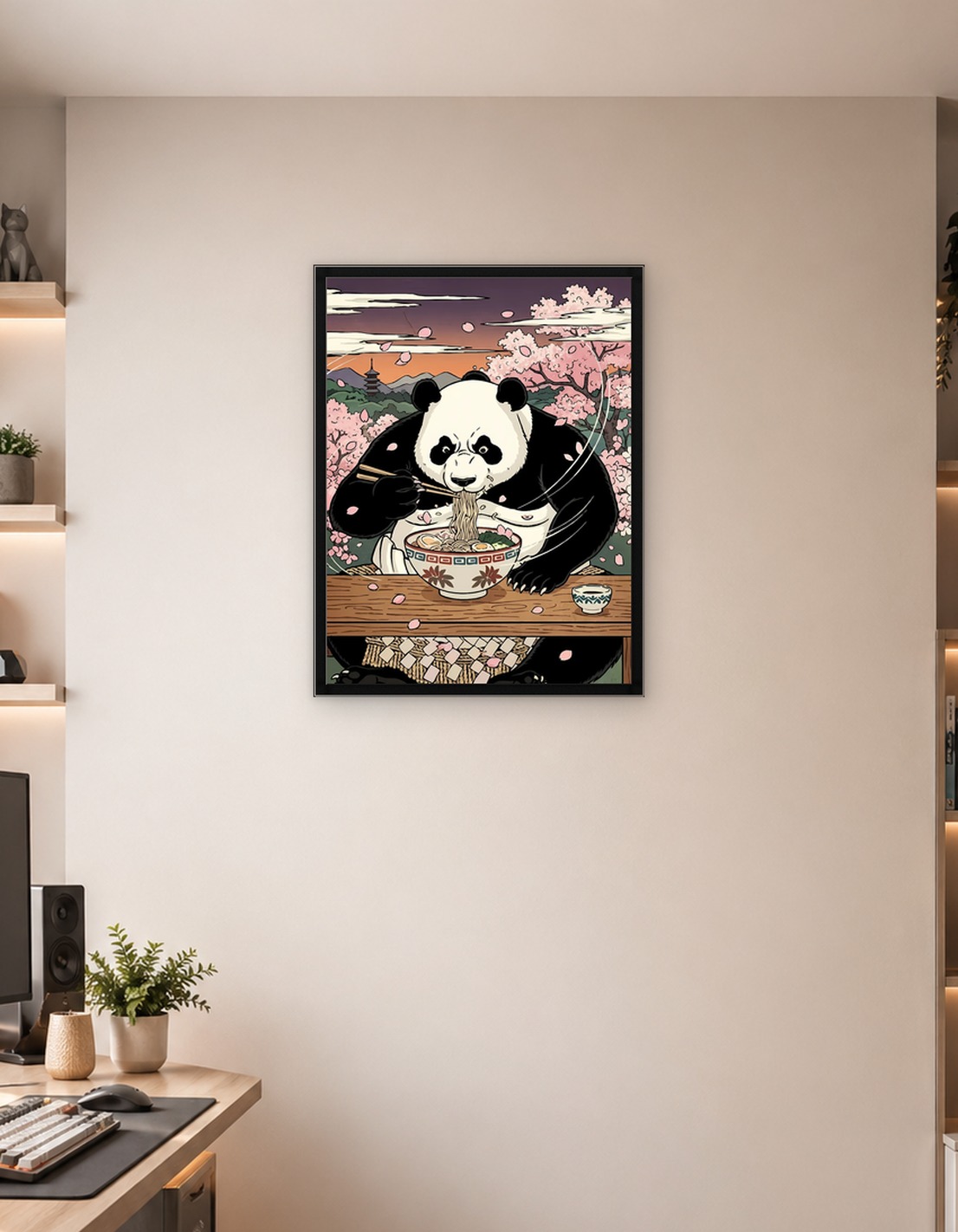 Panda eating ramen under cherry blossoms