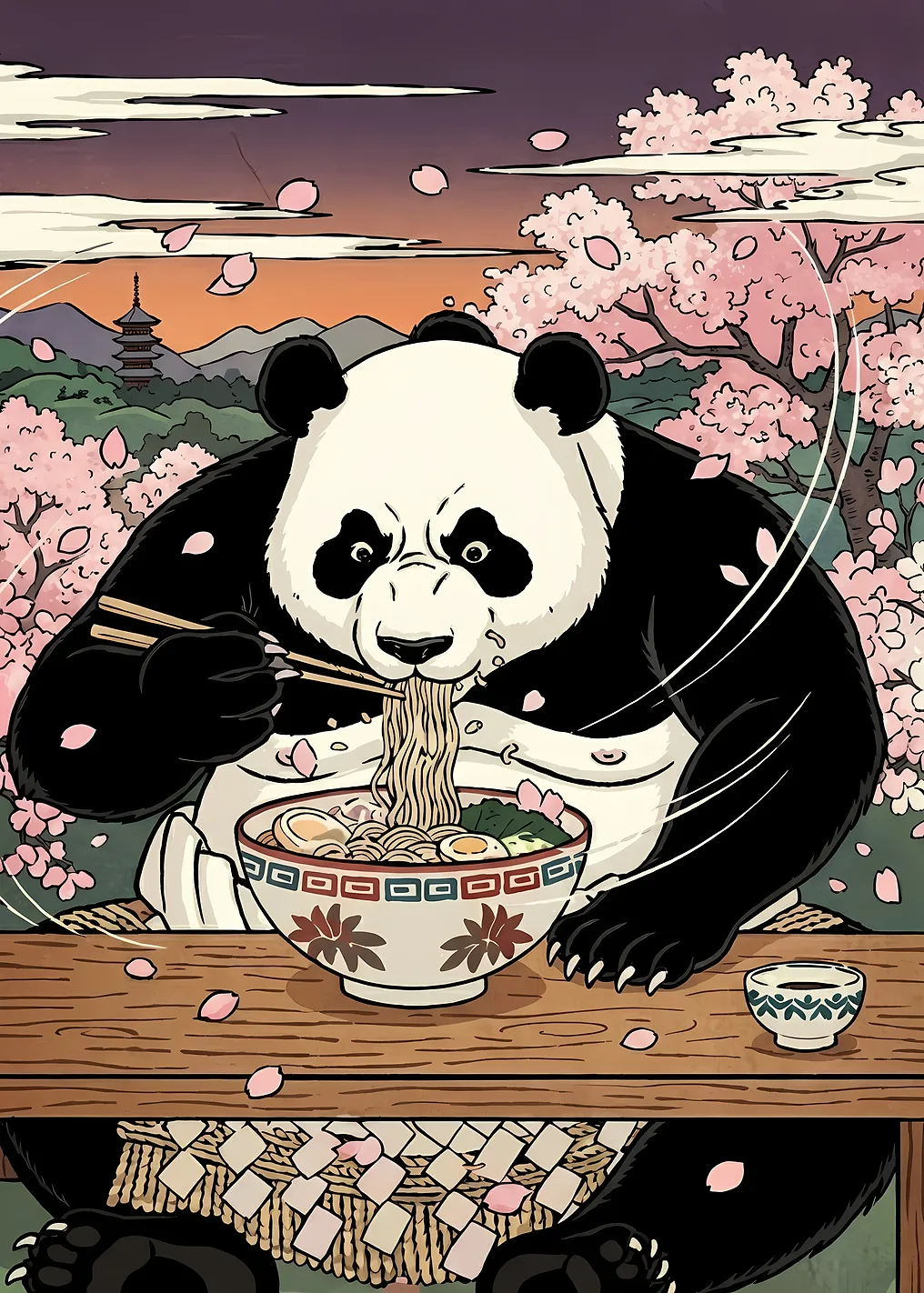 Panda eating ramen under cherry blossoms