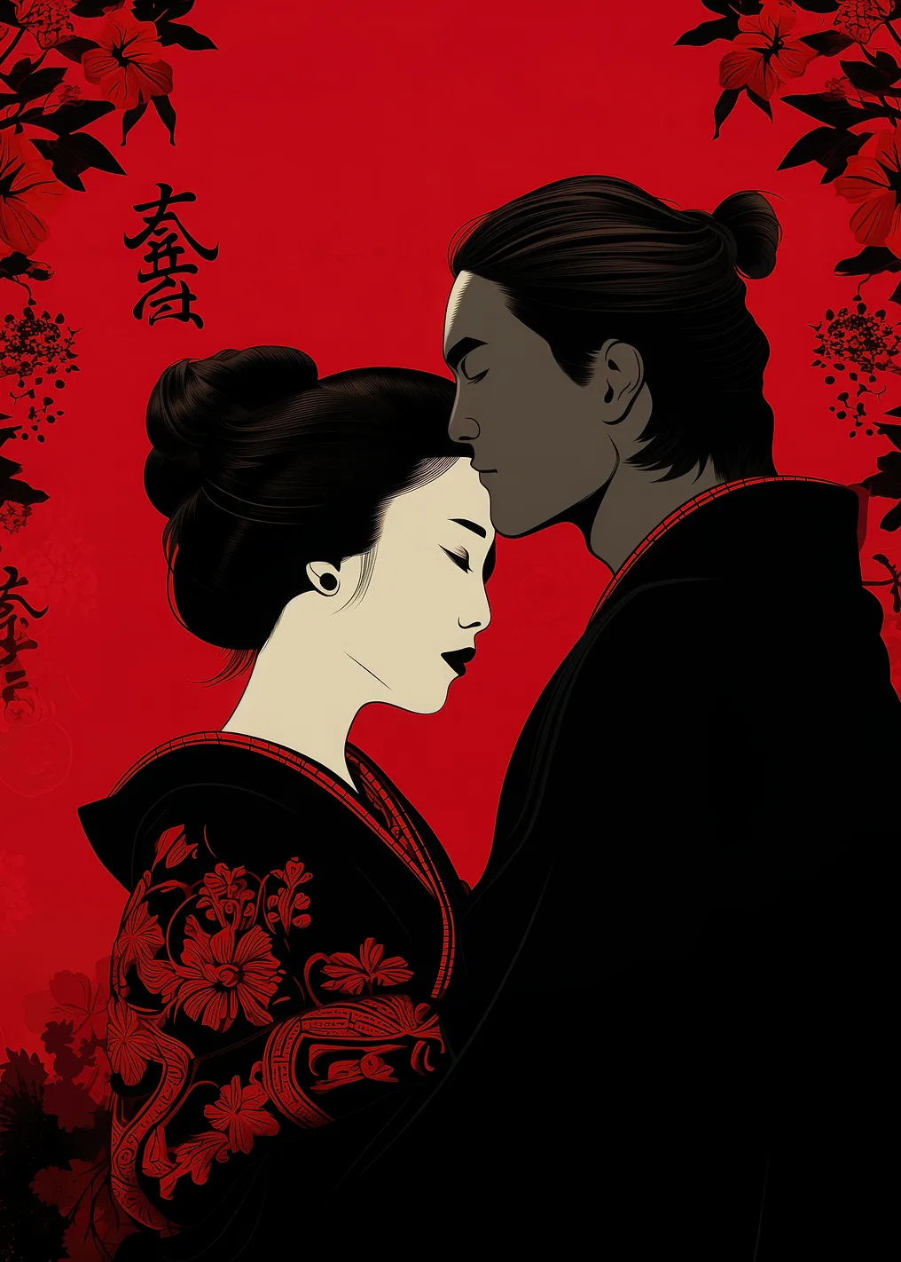 Japanese Geisha Samurai Couple in Red