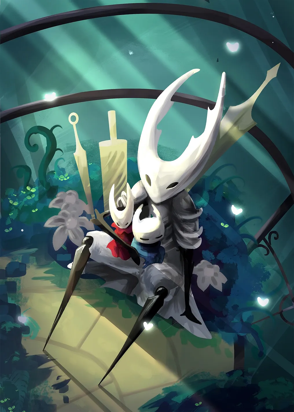 Hollow Knight characters in garden setting