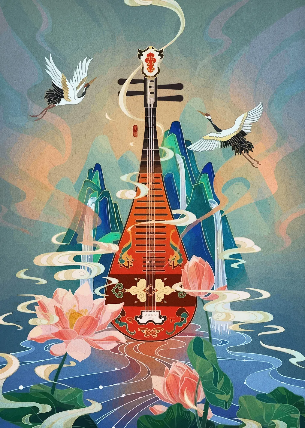 Pipa with Cranes and Lotus Flowers