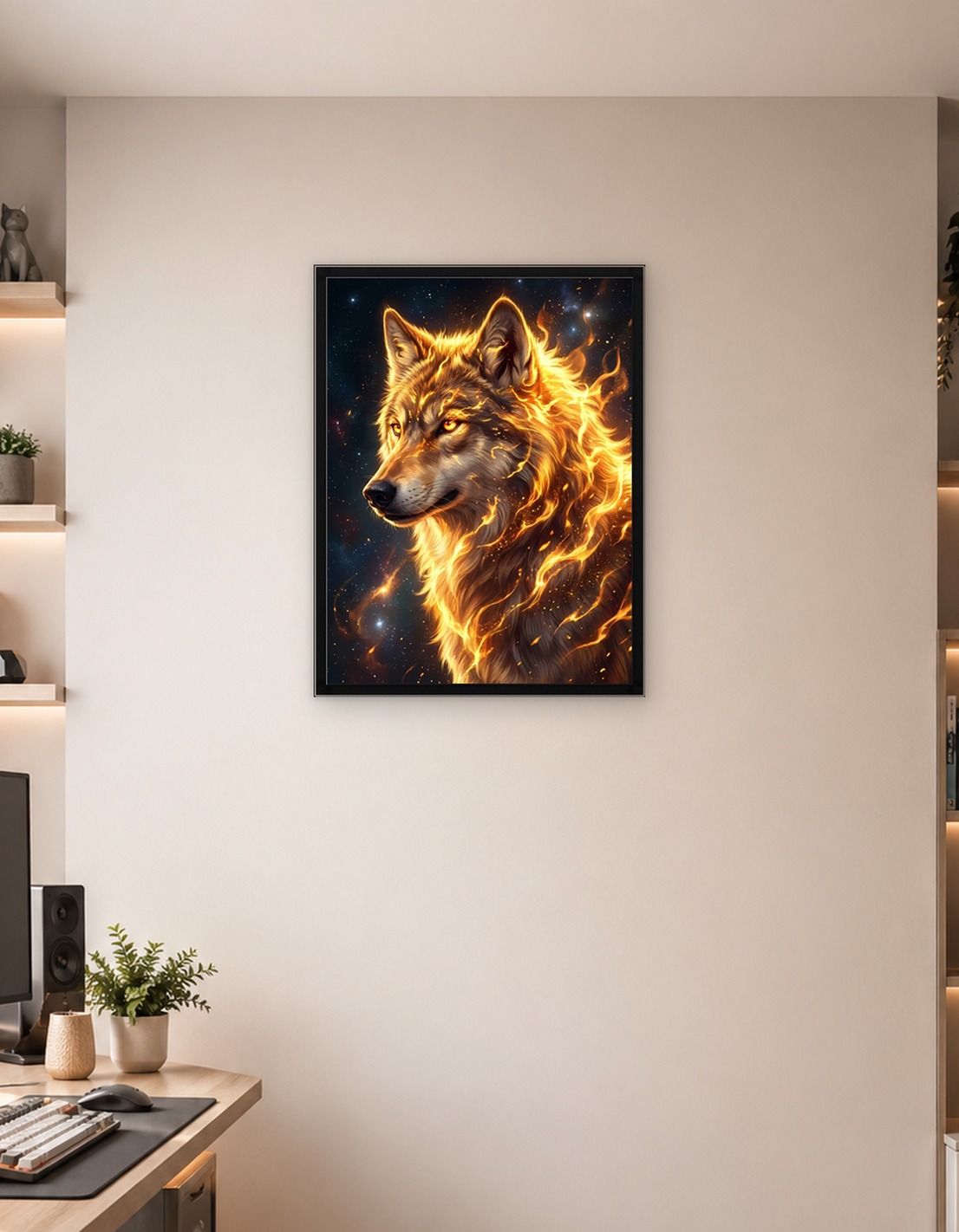 Fiery Wolf Portrait in Space