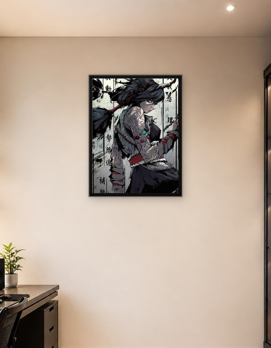Horned Warrior Woman with Calligraphy Background