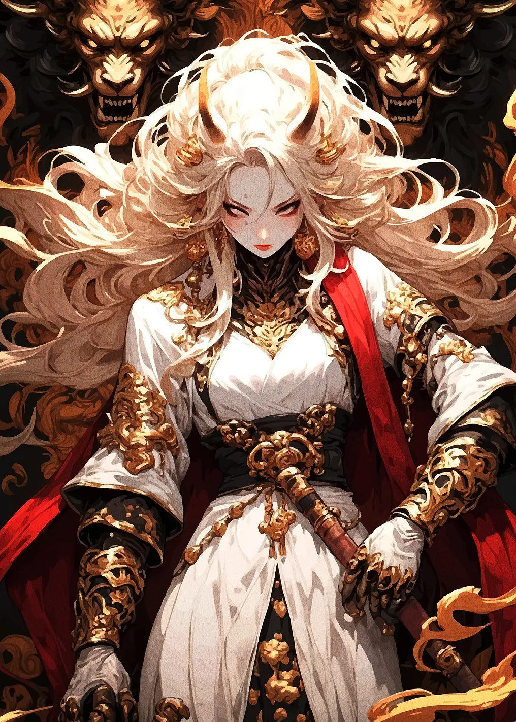 Horned Warrior Woman with Lions