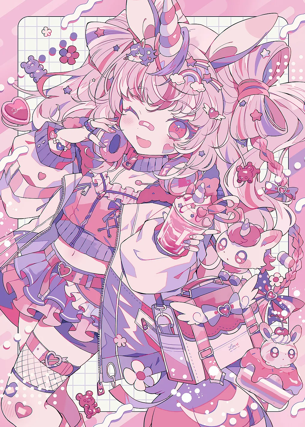 Pink Anime Girl with Unicorn Horn