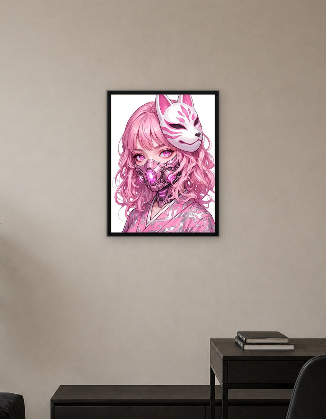 Pink Cyberpunk Girl with Kitsune Mask
