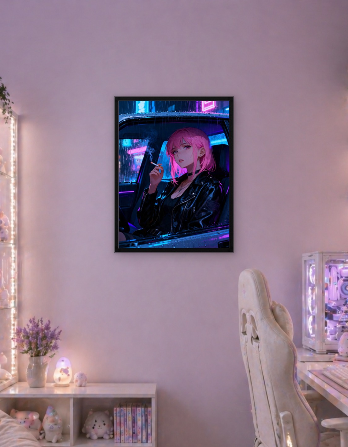 Pink-haired girl smoking in a car