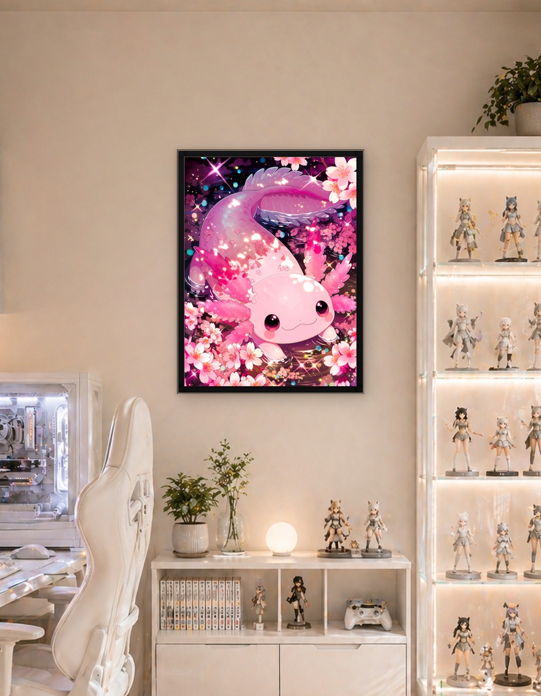 Pink Axolotl with Cherry Blossoms