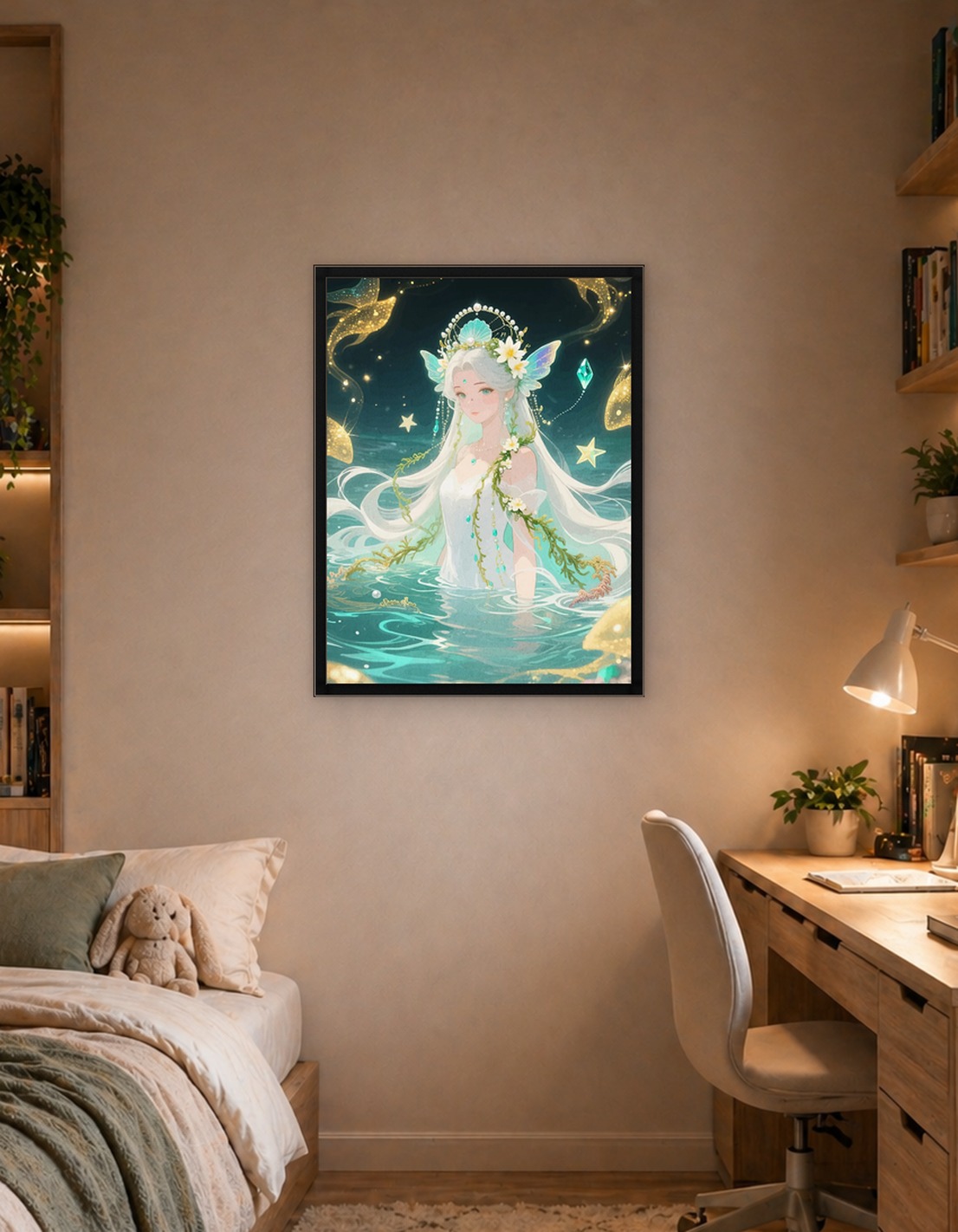 Mermaid with Crown and Flowers