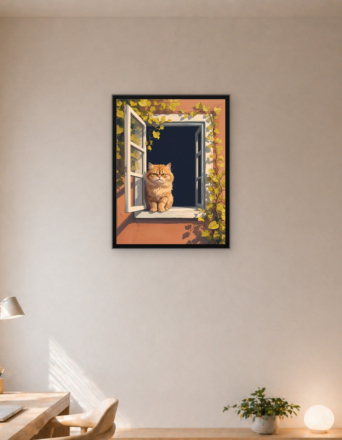 Ginger Cat in Window with Vines