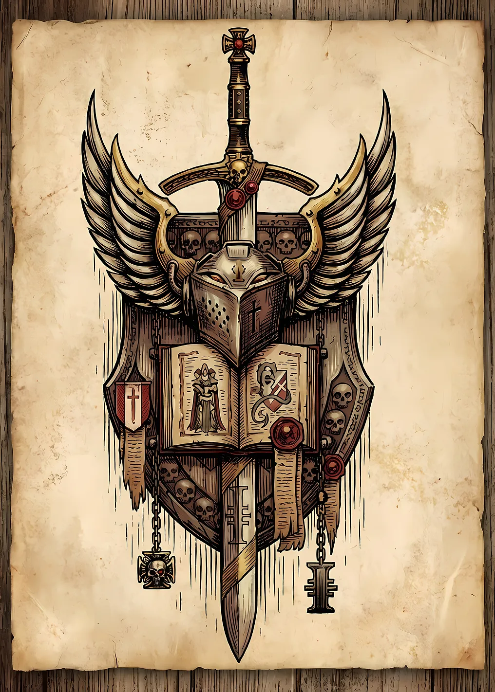 Knightly Heraldic Emblem with Sword and Wings