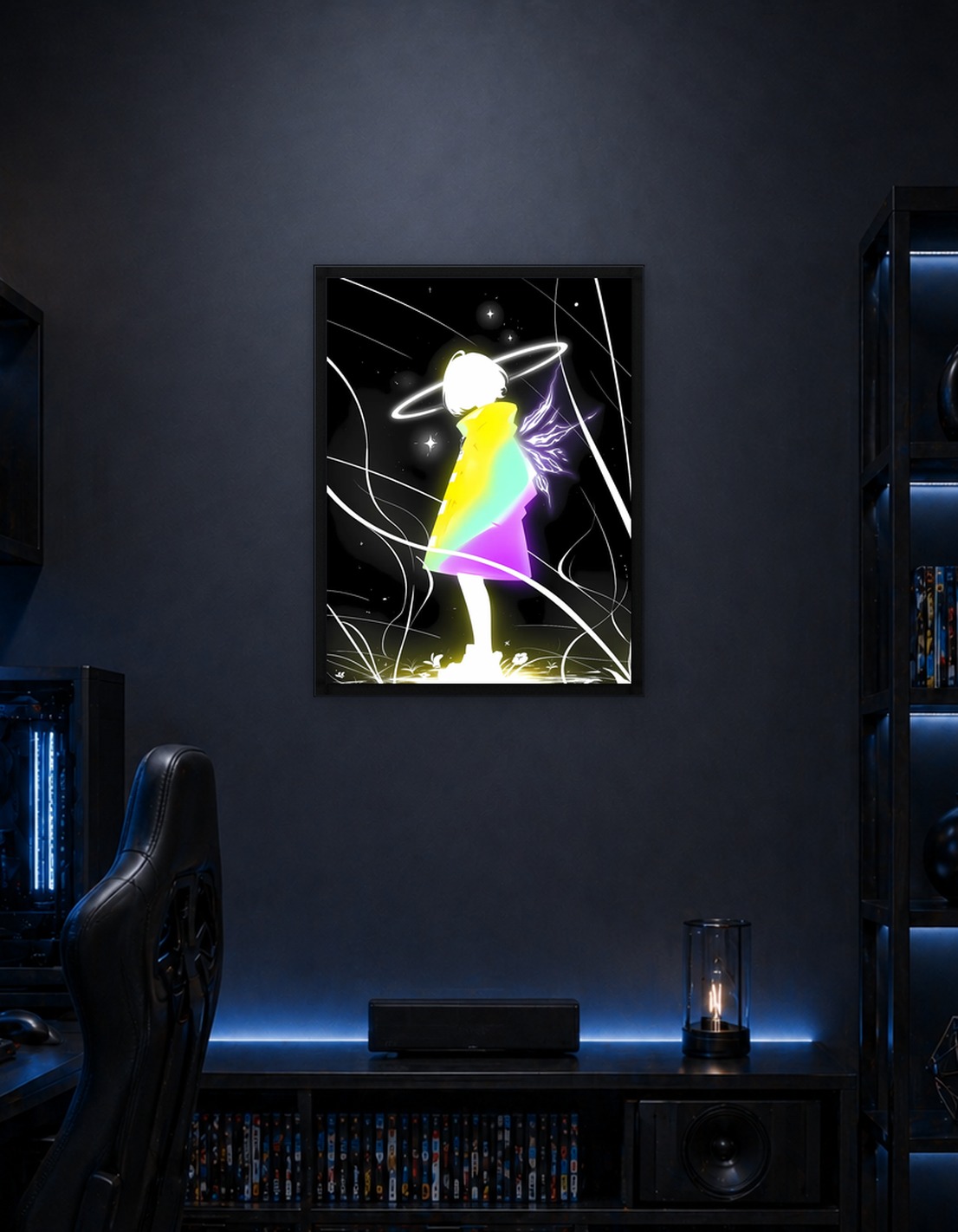Glowing Angelic Figure in Dark Space