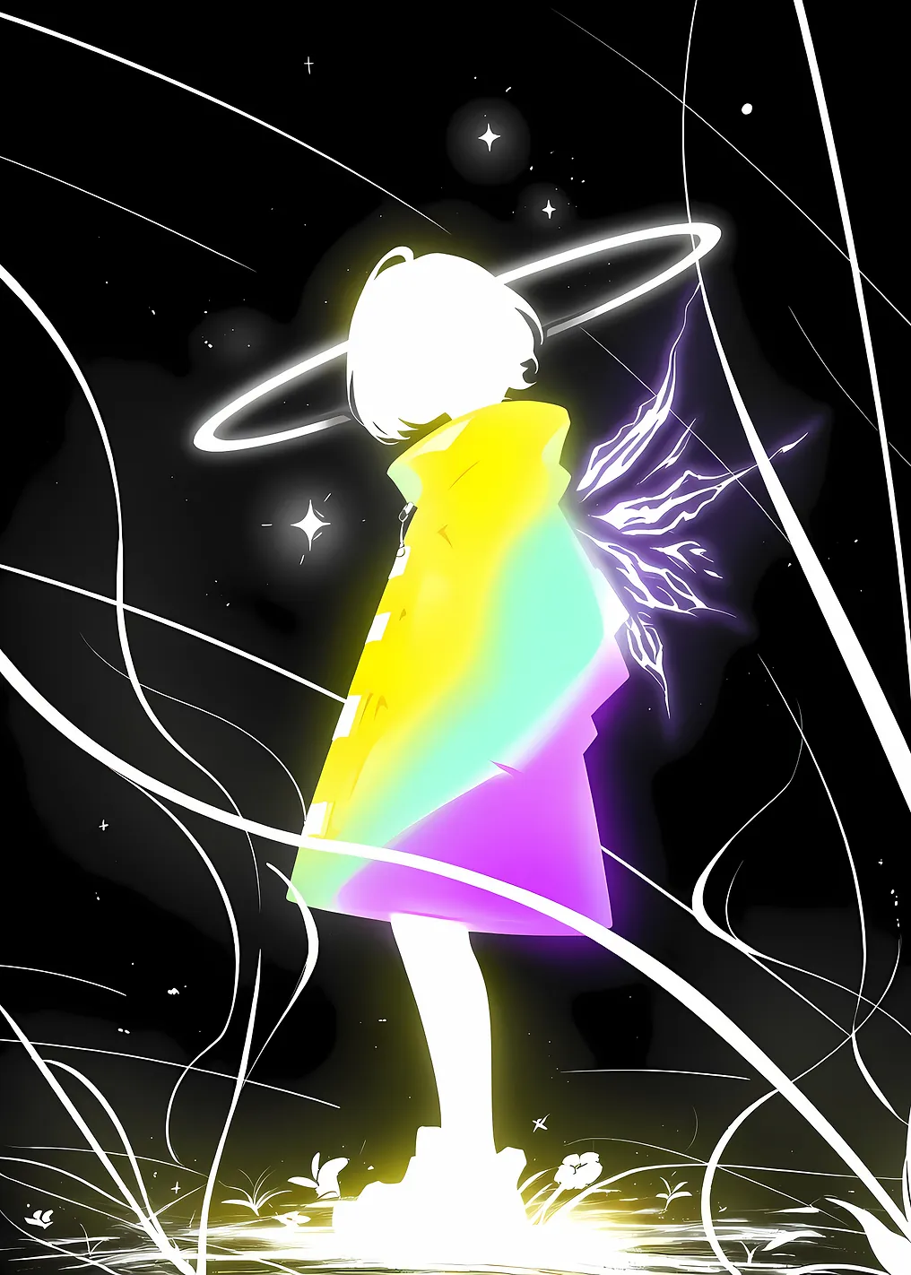 Glowing Angelic Figure in Dark Space