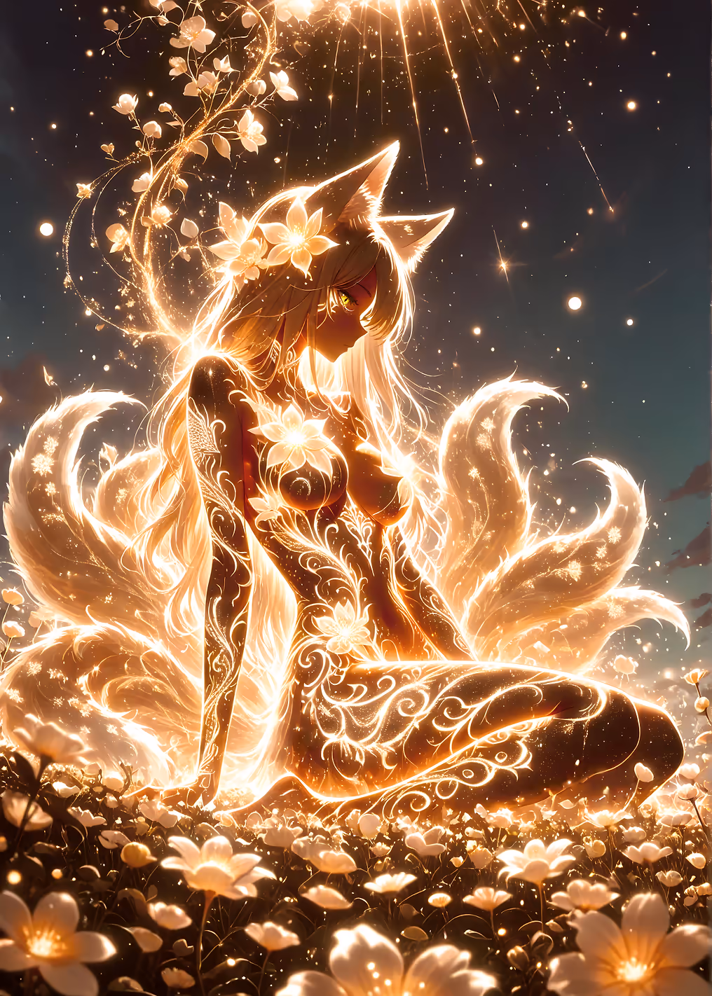 Glowing Kitsune Girl in Flower Field