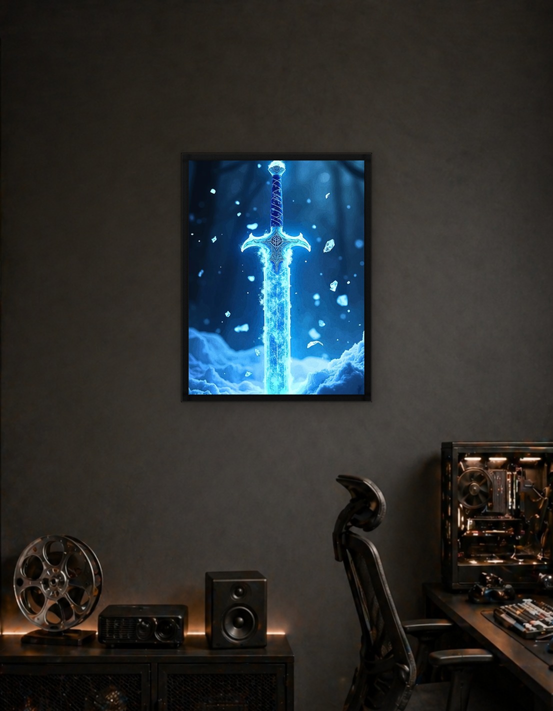 Glowing Blue Fantasy Sword in Snow