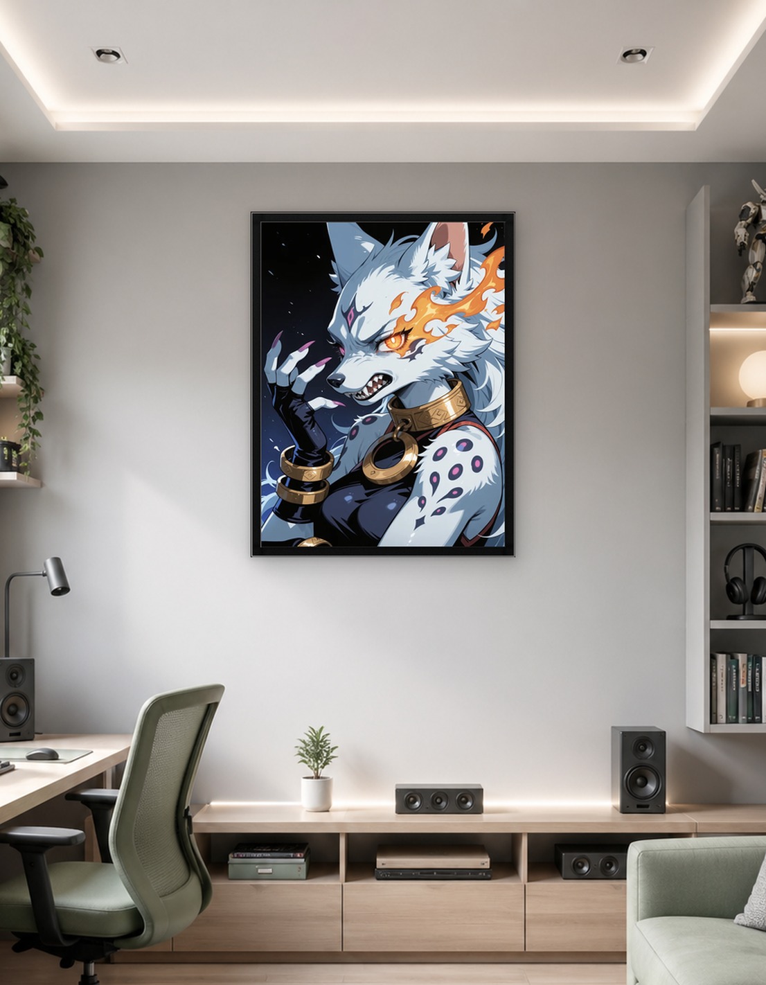 Fierce White Wolf Character with Fiery Accents