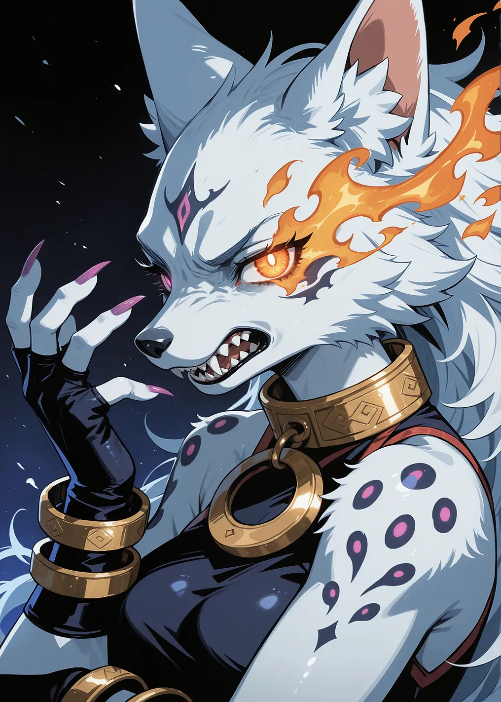 Fierce White Wolf Character with Fiery Accents