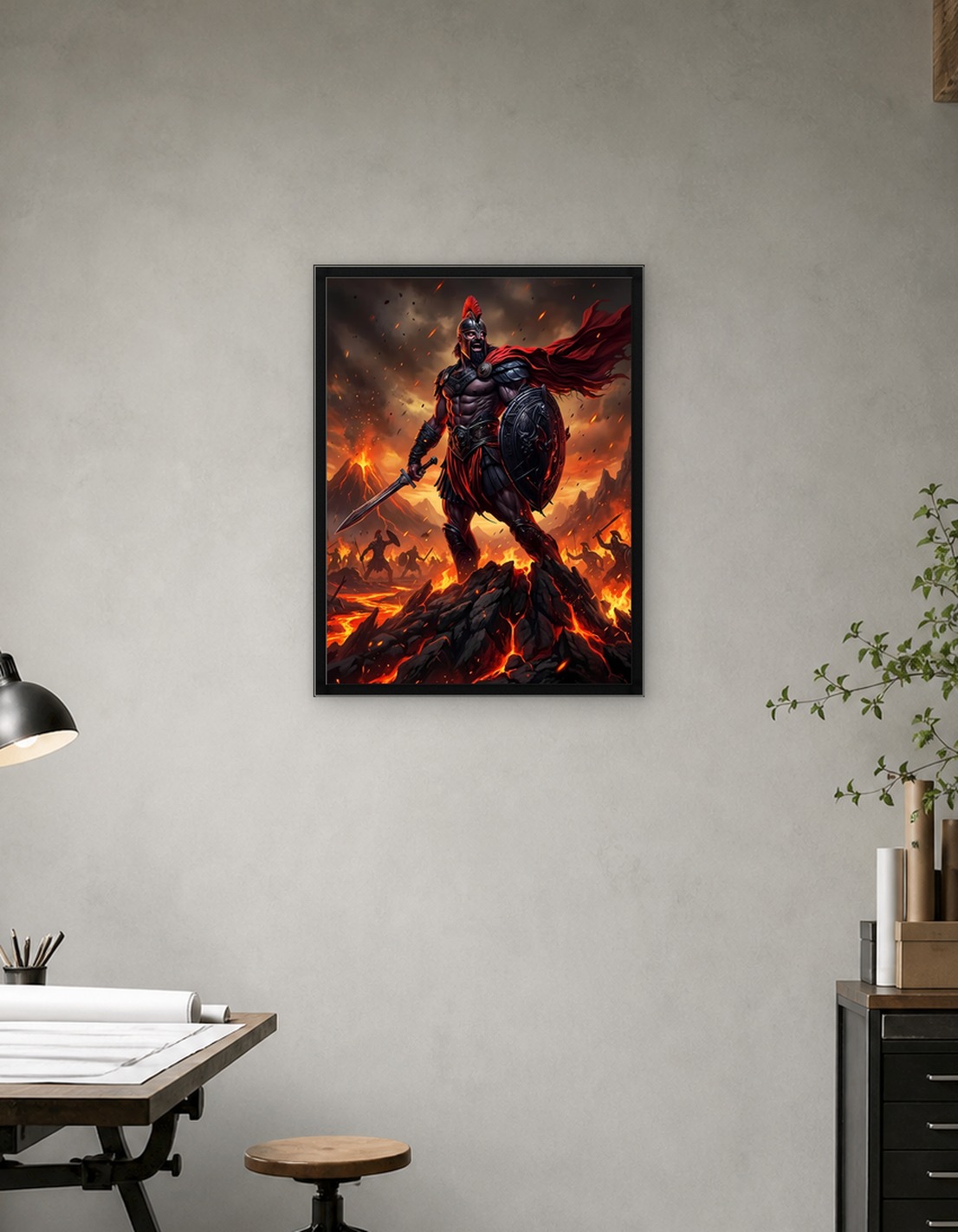 Fierce Spartan Warrior in Volcanic Landscape