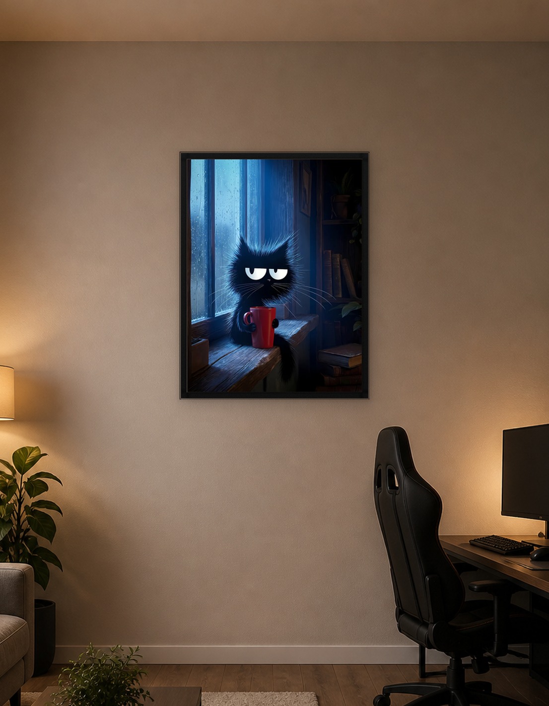 Grumpy Cat with Coffee on Rainy Day - 9339593
