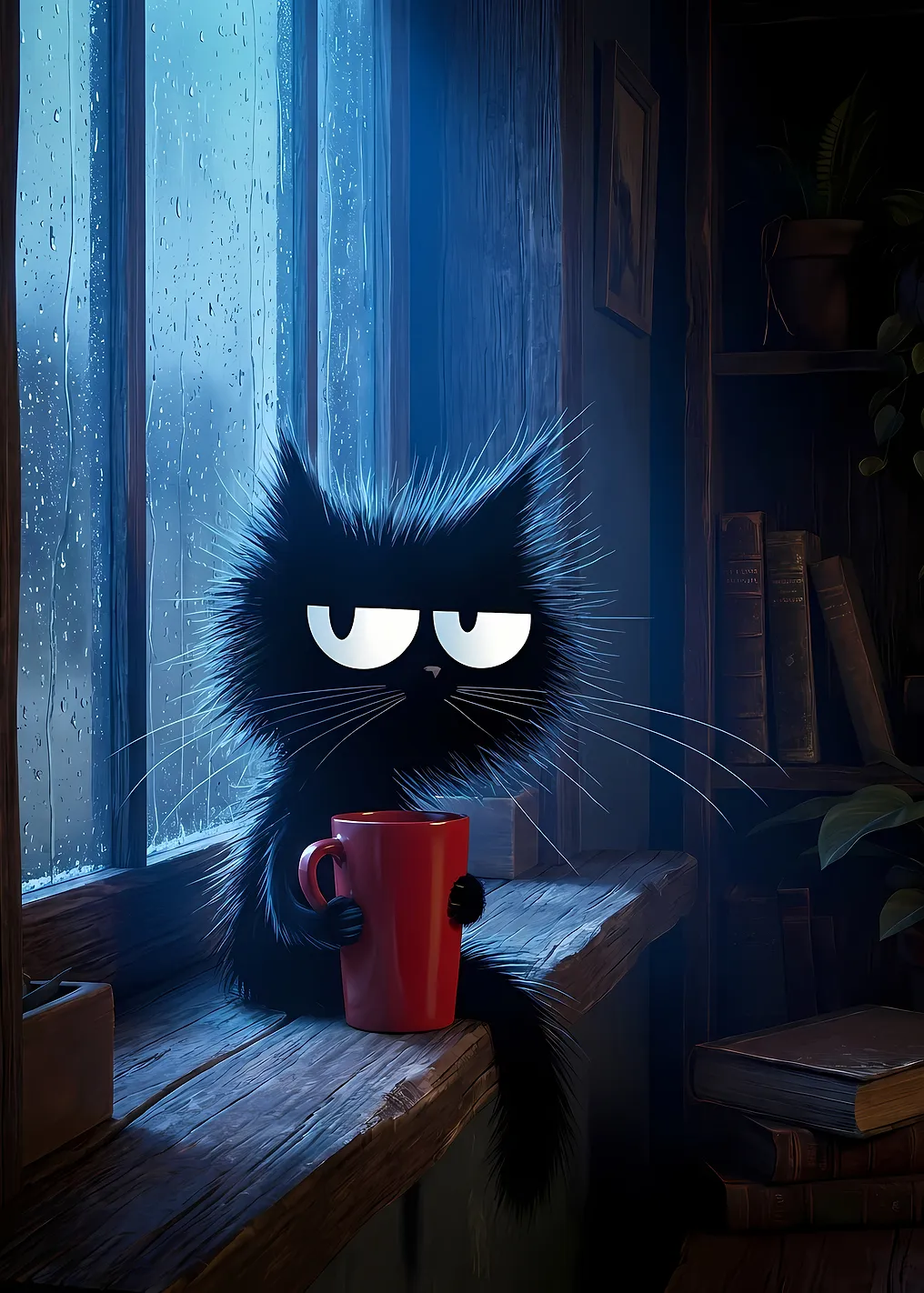 Grumpy Cat with Coffee on Rainy Day - 9339593