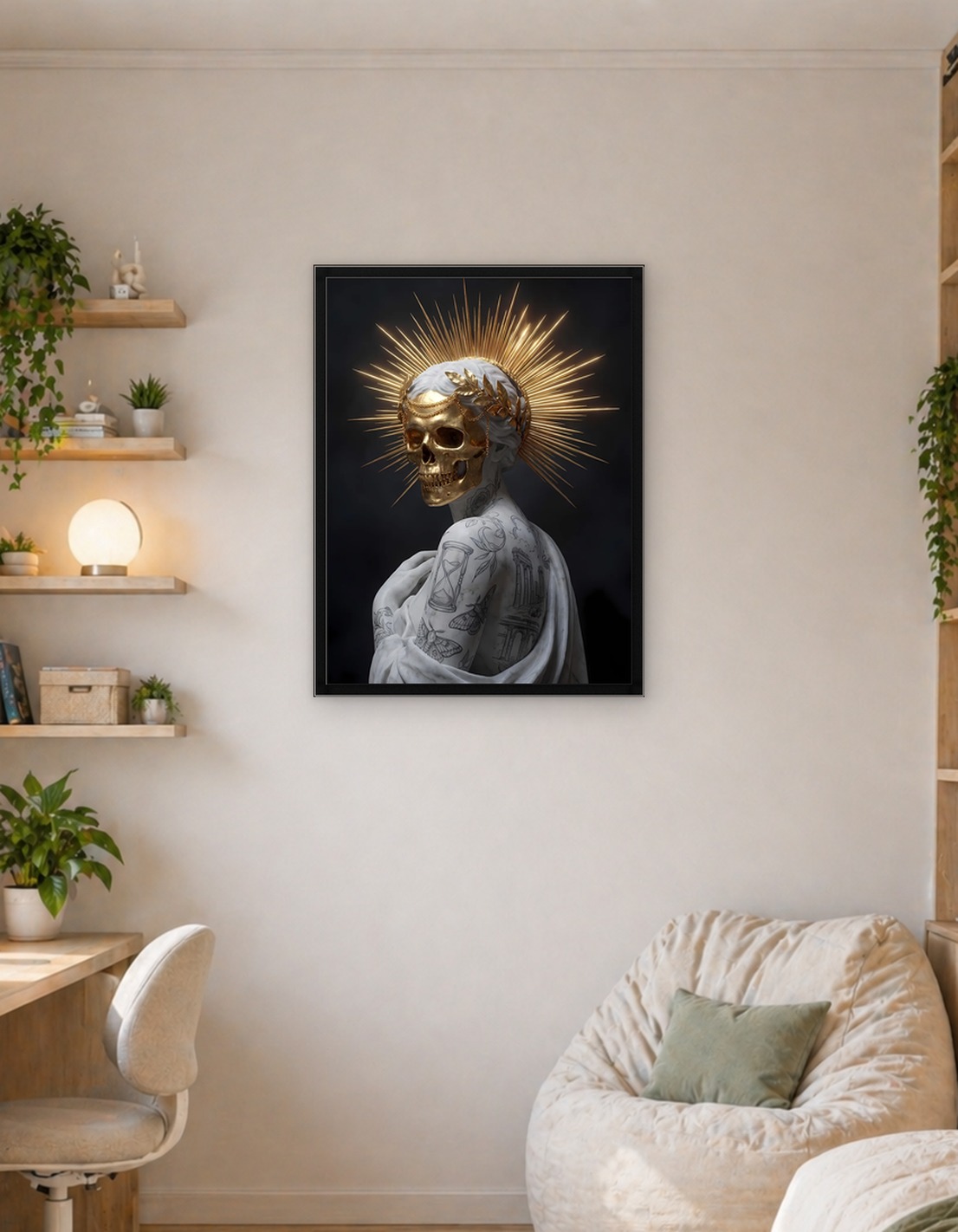 Gilded Skull Statue with Tattoos