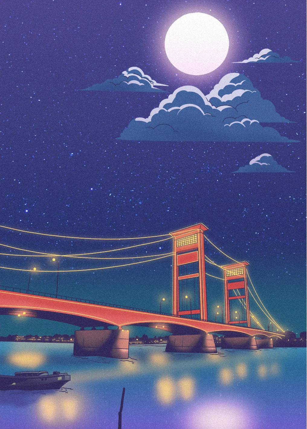 Night Bridge Scene with Moon